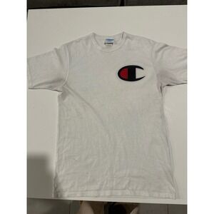 Champion Vintage T-Shirt Big Logo Graphic Tee Crew Neck Short Sleeve White Large